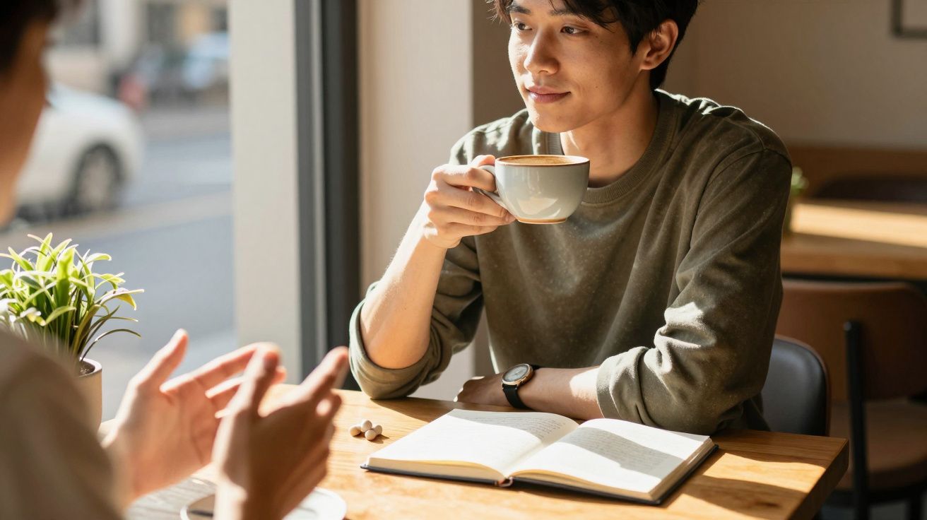 Persona tomando café mientras conversa y sostiene un libro abierto en una mesa de madera junto a una ventana.