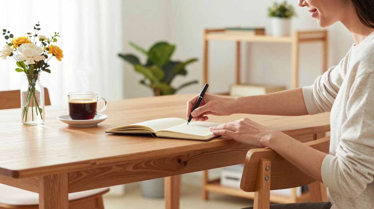 Persona escribiendo en un cuaderno en una mesa de madera junto a una taza de café humeante y un jarrón con flores.