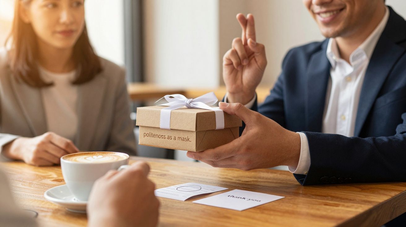 Hombre en traje ofrece regalo envuelto a una mujer mientras cruza los dedos, sentados en una mesa de café.