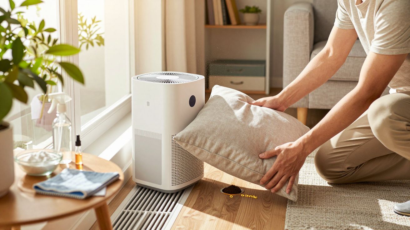 Persona colocando un cojín junto a un purificador de aire en una sala luminosa con plantas y muebles.
