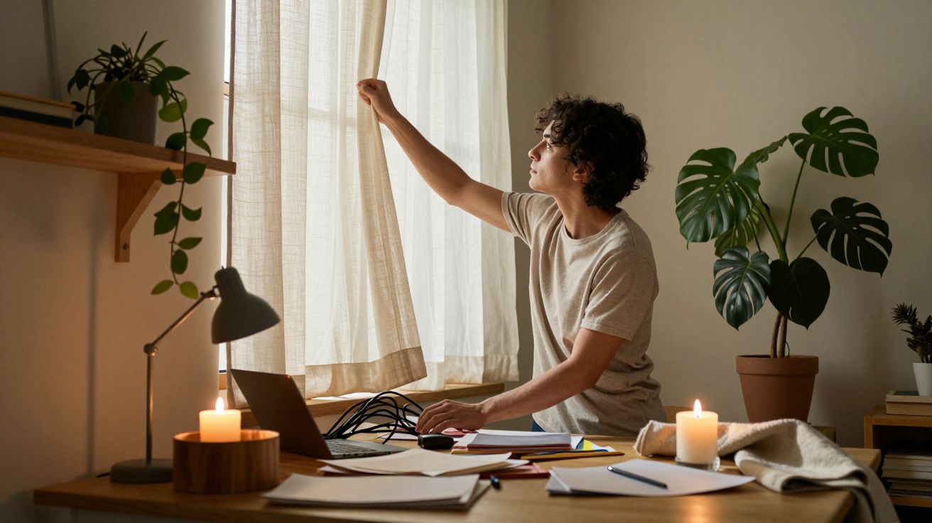 Persona abre una cortina en una habitación iluminada por velas, con plantas, libros y un portátil sobre el escritorio.