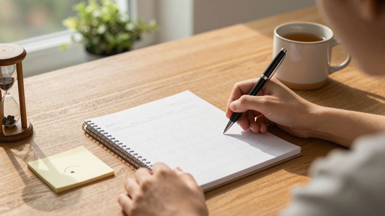 Persona escribiendo en un cuaderno sobre una mesa junto a una taza de café, un reloj de arena y notas adhesivas.