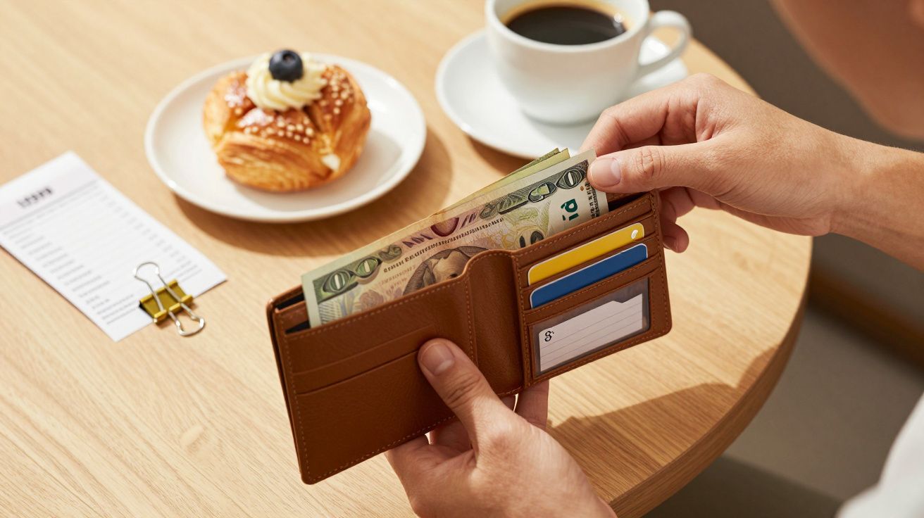 Persona sosteniendo una cartera abierta con billetes y tarjetas, junto a una mesa con café, bollo y una lista.