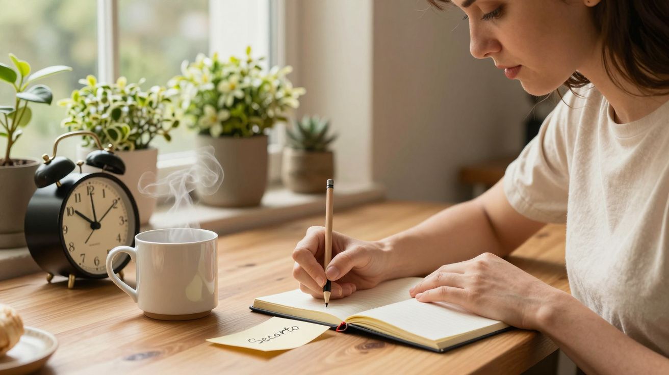 Mujer escribiendo en un cuaderno en una mesa con una taza blanca, despertador negro y plantas junto a una ventana.