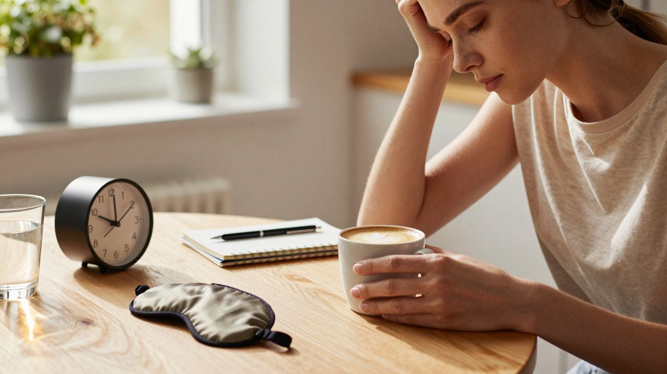 Mujer pensativa con café, antifaz, vaso de agua, reloj y libreta sobre la mesa cerca de la ventana.