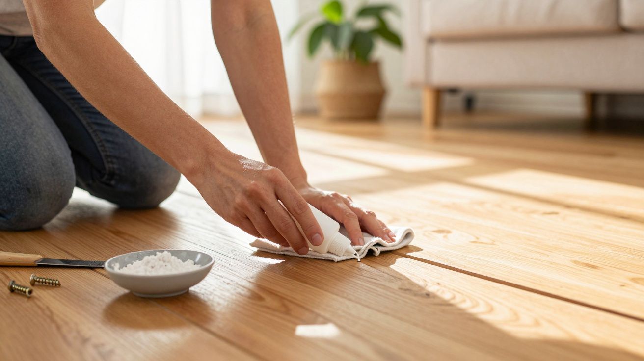 Persona limpiando el suelo de madera con un paño blanco, junto a un cuenco pequeño y tornillos en una sala iluminada.