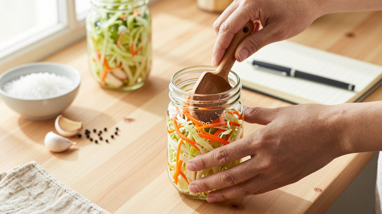 Manos llenando tarro de vidrio con verduras en juliana en una mesa de madera, con libreta y bolígrafo al fondo.