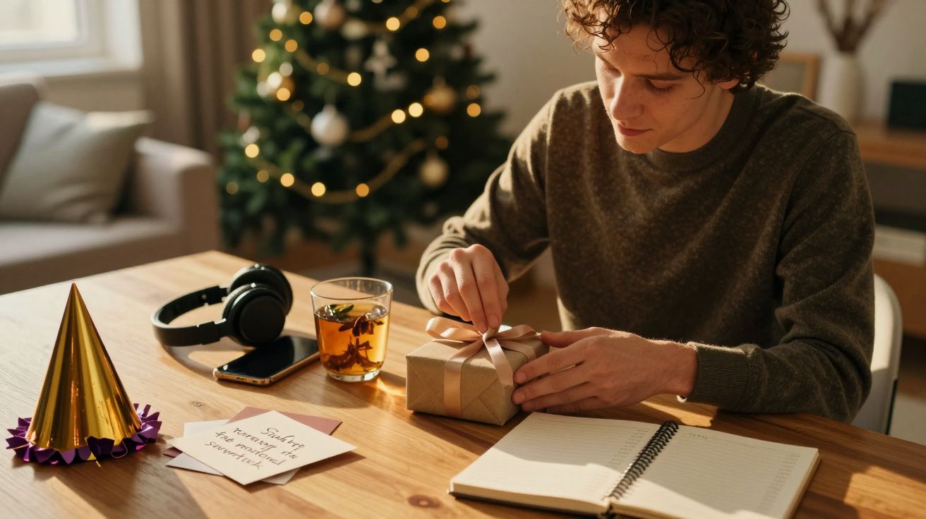 Hombre envolviendo regalo en mesa de madera, delante de árbol de Navidad decorado y junto a gorro festivo y cuaderno.