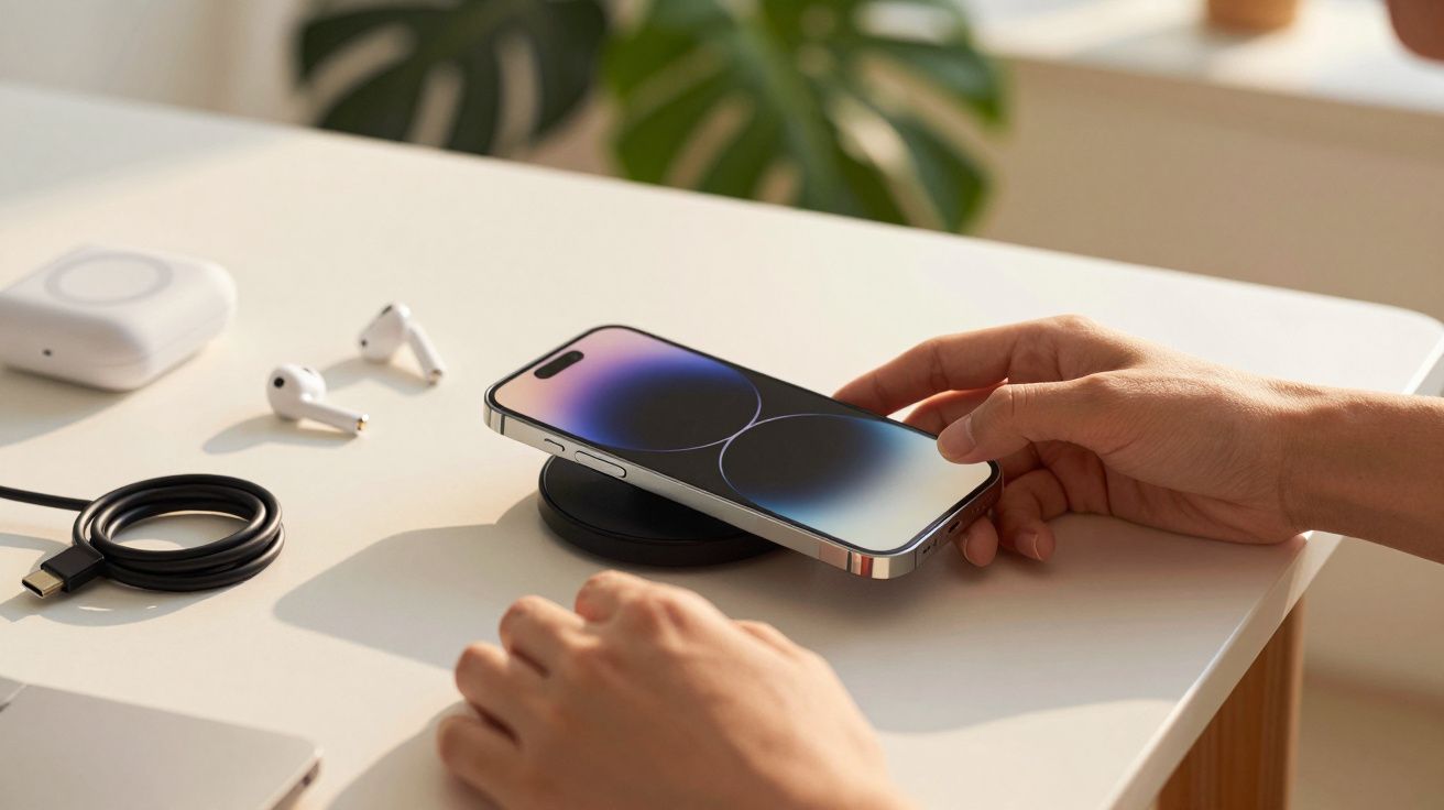 Manos colocando un smartphone en un cargador inalámbrico sobre una mesa con auriculares y cables cerca.