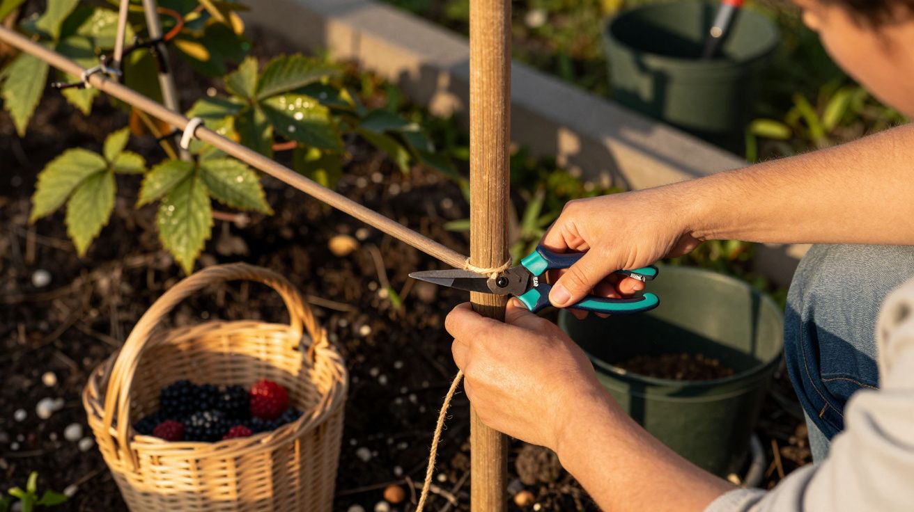 Persona cortando cuerda en un jardín con tijeras de podar, junto a una cesta con moras y frambuesas.