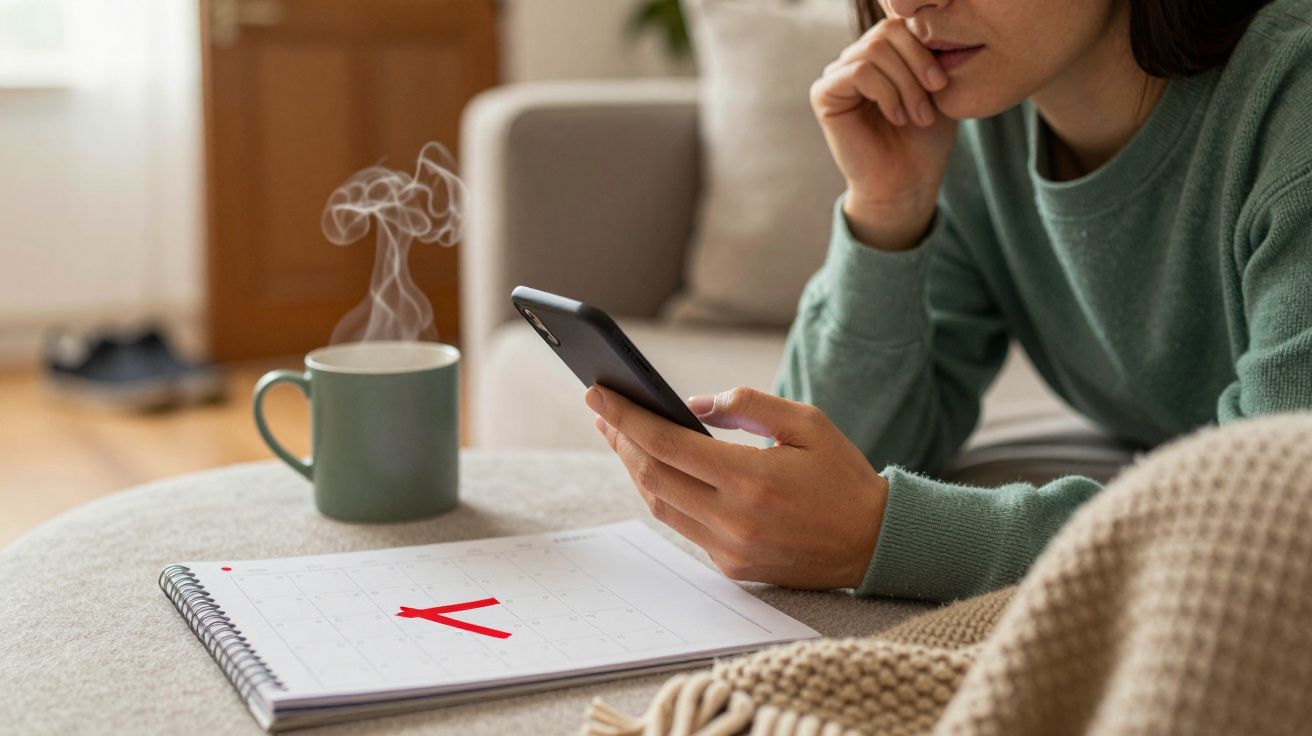 Mujer con suéter verde revisa el móvil junto a una taza humeante y un calendario en una mesa.