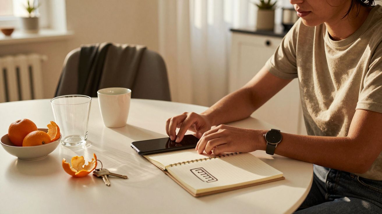Persona tomando notas en una libreta con un teléfono en la mesa junto a una taza, vaso, llaves y cáscaras de naranja.