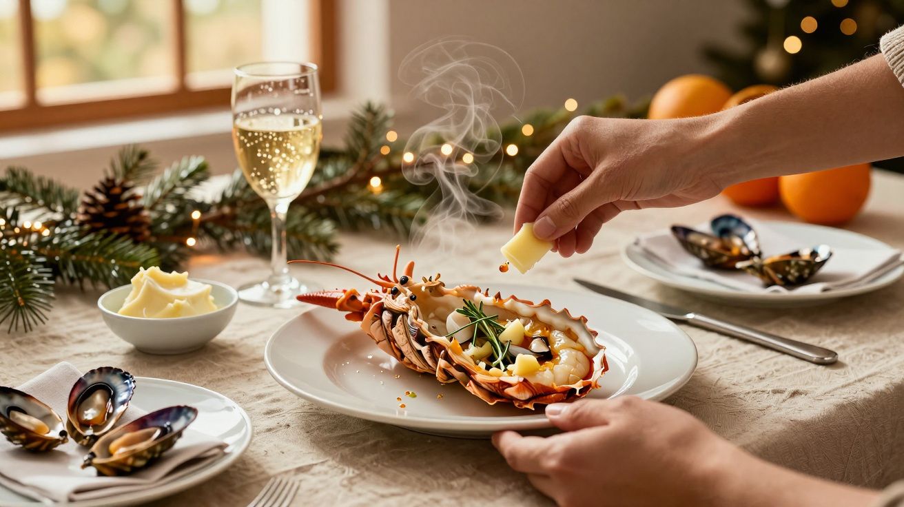 Persona añadiendo mantequilla a una langosta servida con vino en mesa navideña decorada con pino.
