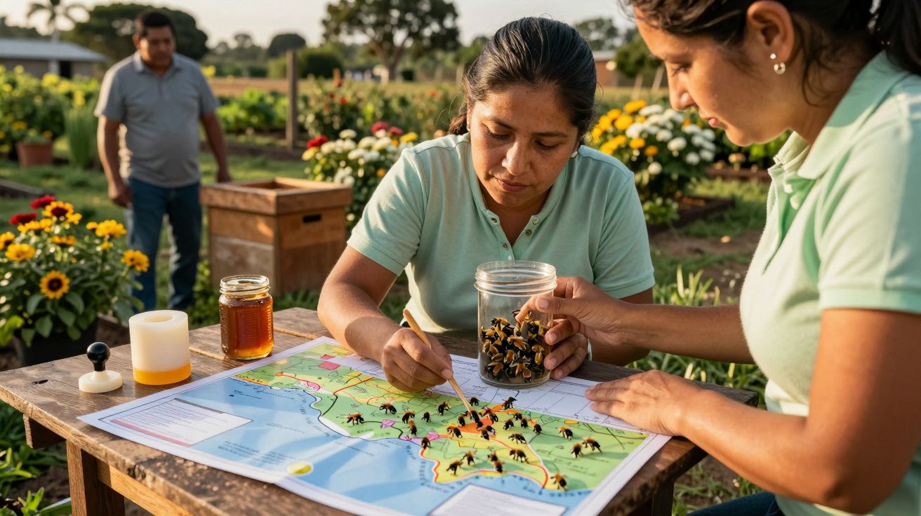 Dos mujeres trabajando en un mapa con abejas de plástico en un jardín, mientras un hombre observa al fondo.