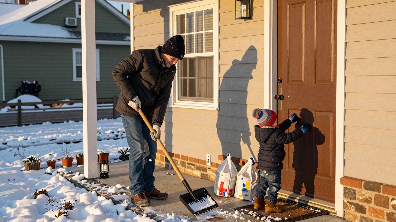 Hombre quitando nieve del porche mientras un niño toca la puerta de una casa, ambos abrigados contra el frío.