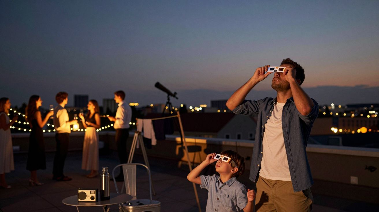Padre e hijo observan el cielo nocturno con gafas especiales en una azotea, mientras otras personas están de pie cerca.
