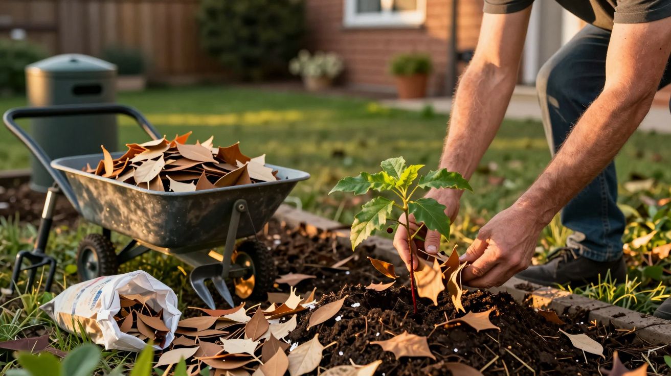 Persona plantando junto a una carretilla llena de hojas en un jardín.
