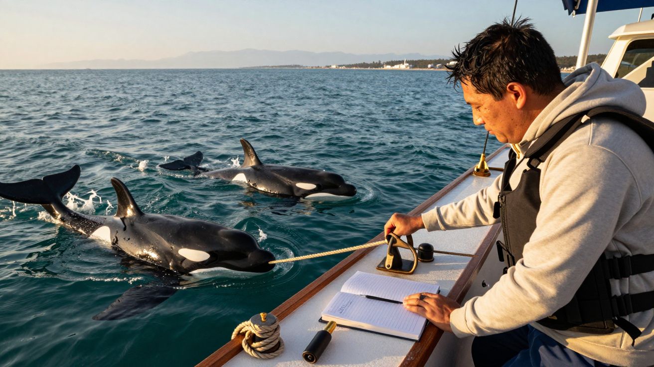 Hombre en un barco observa dos orcas nadando cerca, sosteniendo una cuerda y tomando notas en un cuaderno.