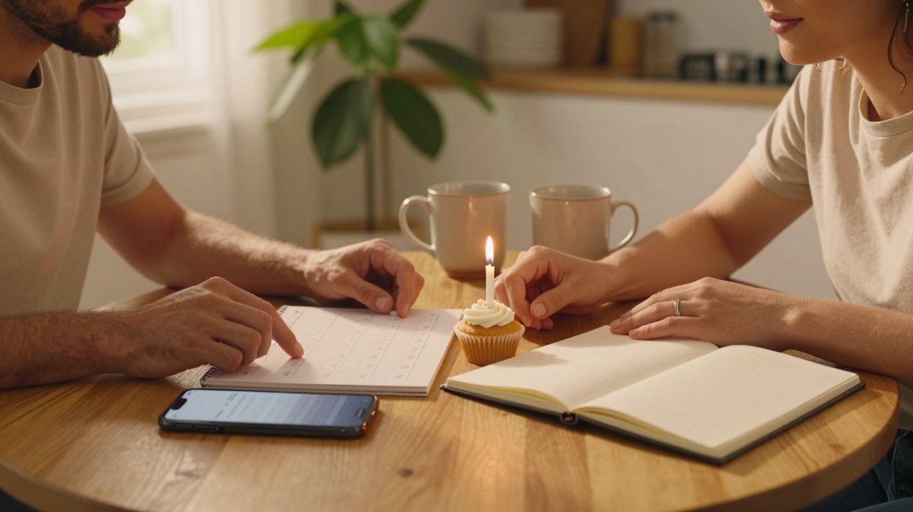 Dos personas sentadas en una mesa con un pastelillo con vela encendida, cuadernos y tazas de café.