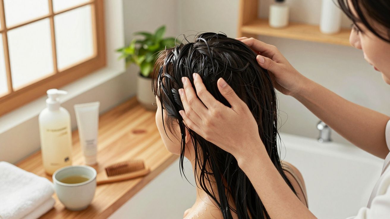 Mujer aplicando tratamiento de cabello a otra mujer en el baño, con productos de cuidado personal en la repisa.