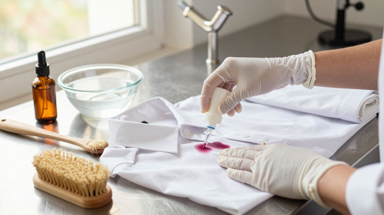 Manos con guantes aplican limpiador sobre mancha en camisa blanca. Cepillo y frascos en la mesa de trabajo.