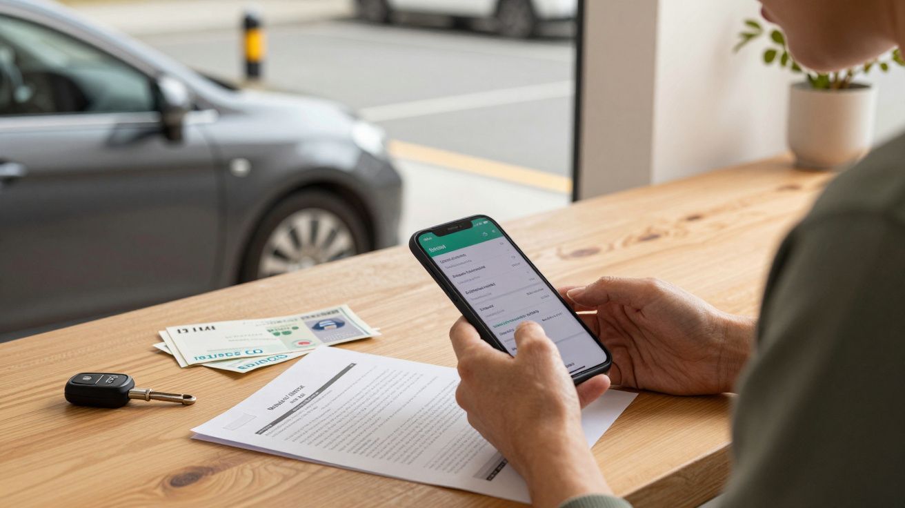 Persona usando un móvil en una mesa con documentos, llaves de coche y vista de un vehículo aparcado afuera.