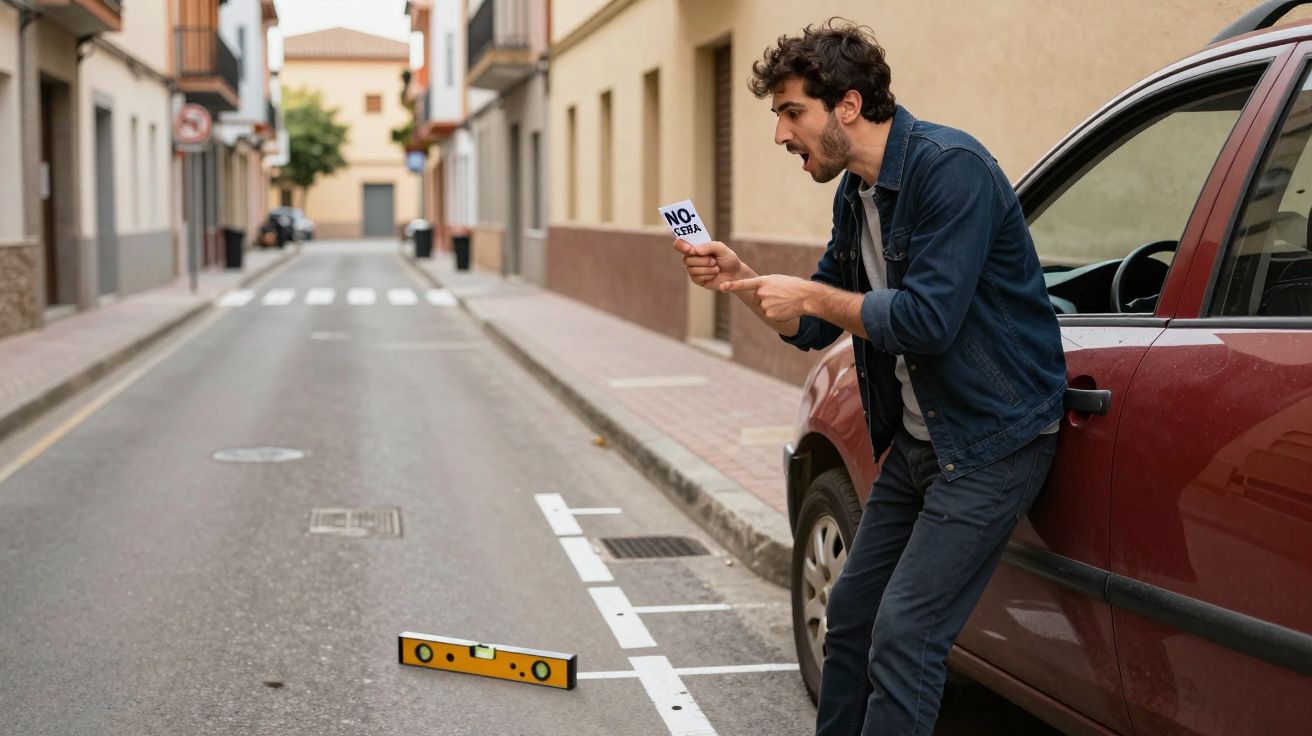 Hombre sorprendido sostiene papel; nivel de burbuja en el suelo junto a coche estacionado en calle urbana.