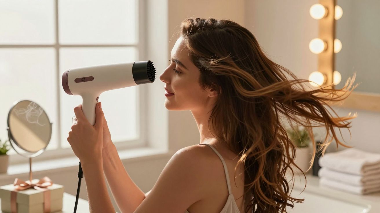 Mujer secándose el pelo con secador en un baño iluminado, con espejo y luces enmarcando el fondo.