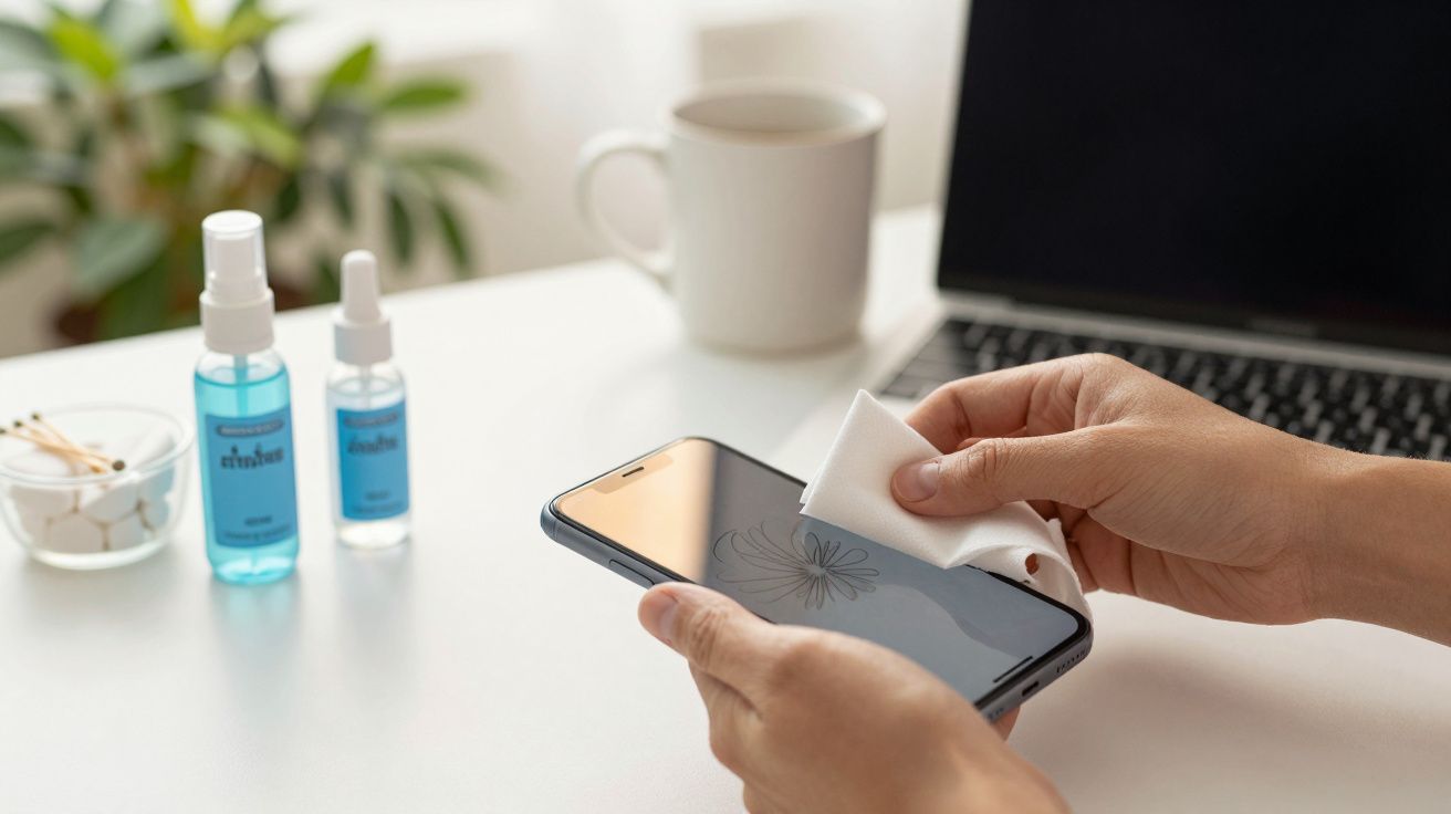 Persona limpiando la pantalla de un smartphone con un paño. En la mesa, frascos de spray, taza y portátil.