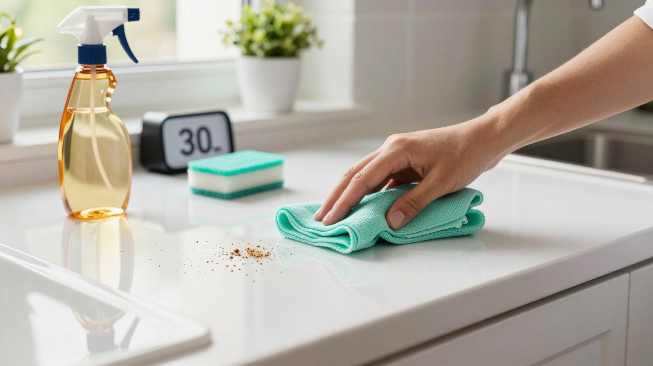 Mano limpiando encimera blanca con paño verde y botella de spray al fondo.