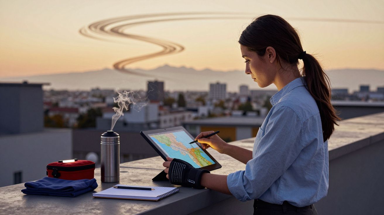 Mujer dibujando en una tableta en una azotea con una ciudad de fondo al atardecer y cielo despejado.