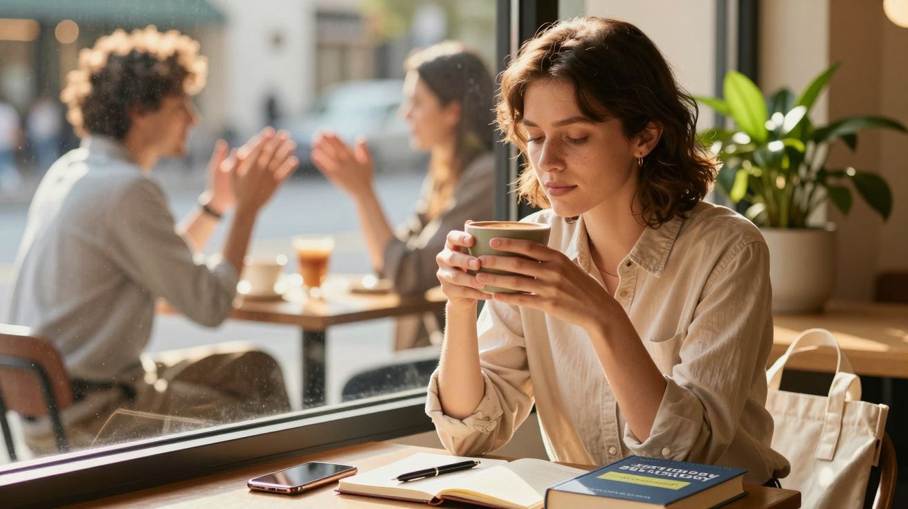 Mujer tomando café en una cafetería, mesa con libro, cuaderno y móvil; pareja conversando al fondo.