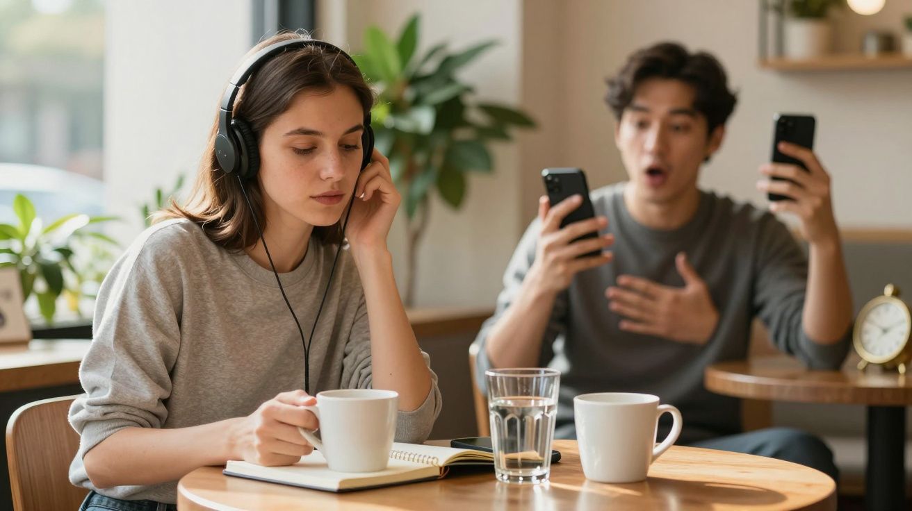 Mujer con auriculares y taza de café ignora a hombre sorprendido con móvil en una cafetería.