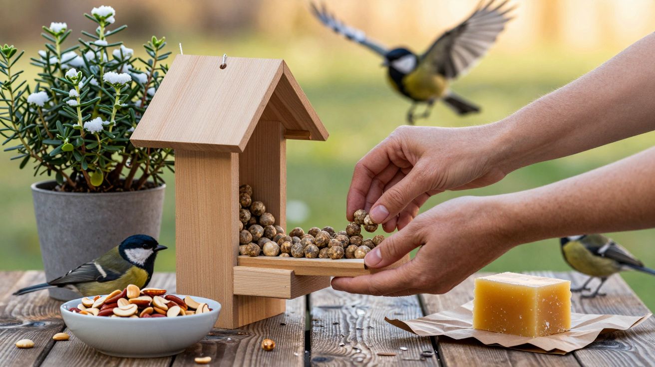 Manos colocando comida en un comedero de madera para pájaros, con aves y plantas alrededor en una mesa de jardín.