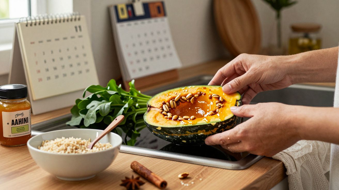 Manos sosteniendo calabaza cortada, rodeada de espinacas, tahini y cuenco con cereal en cocina, ante dos calendarios.