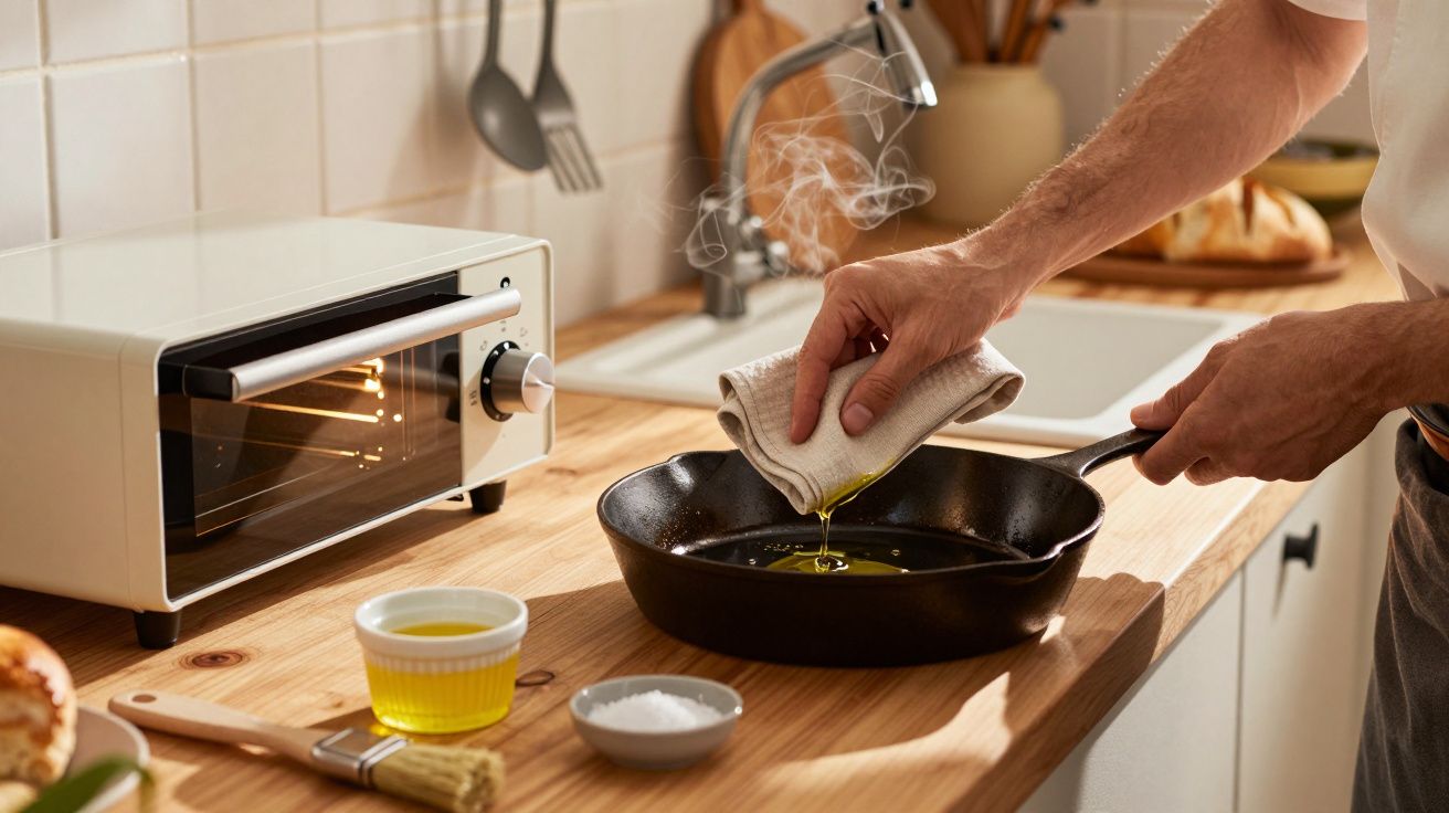 Persona en la cocina calentando aceite en sartén de hierro fundido sobre encimera de madera, junto a horno pequeño.
