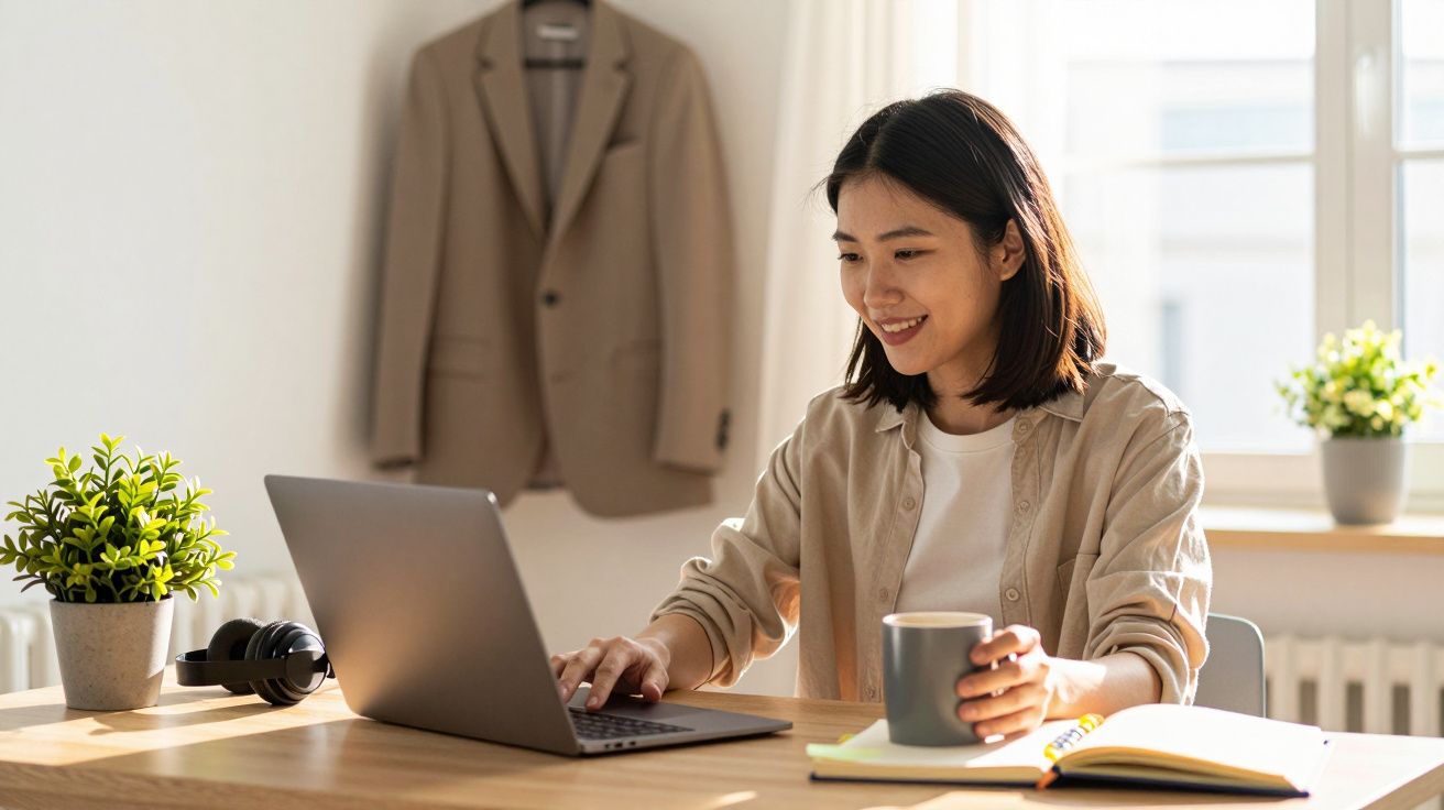Mujer sonriente trabajando con un portátil en una mesa, sosteniendo una taza, con plantas y chaqueta colgada al fondo.