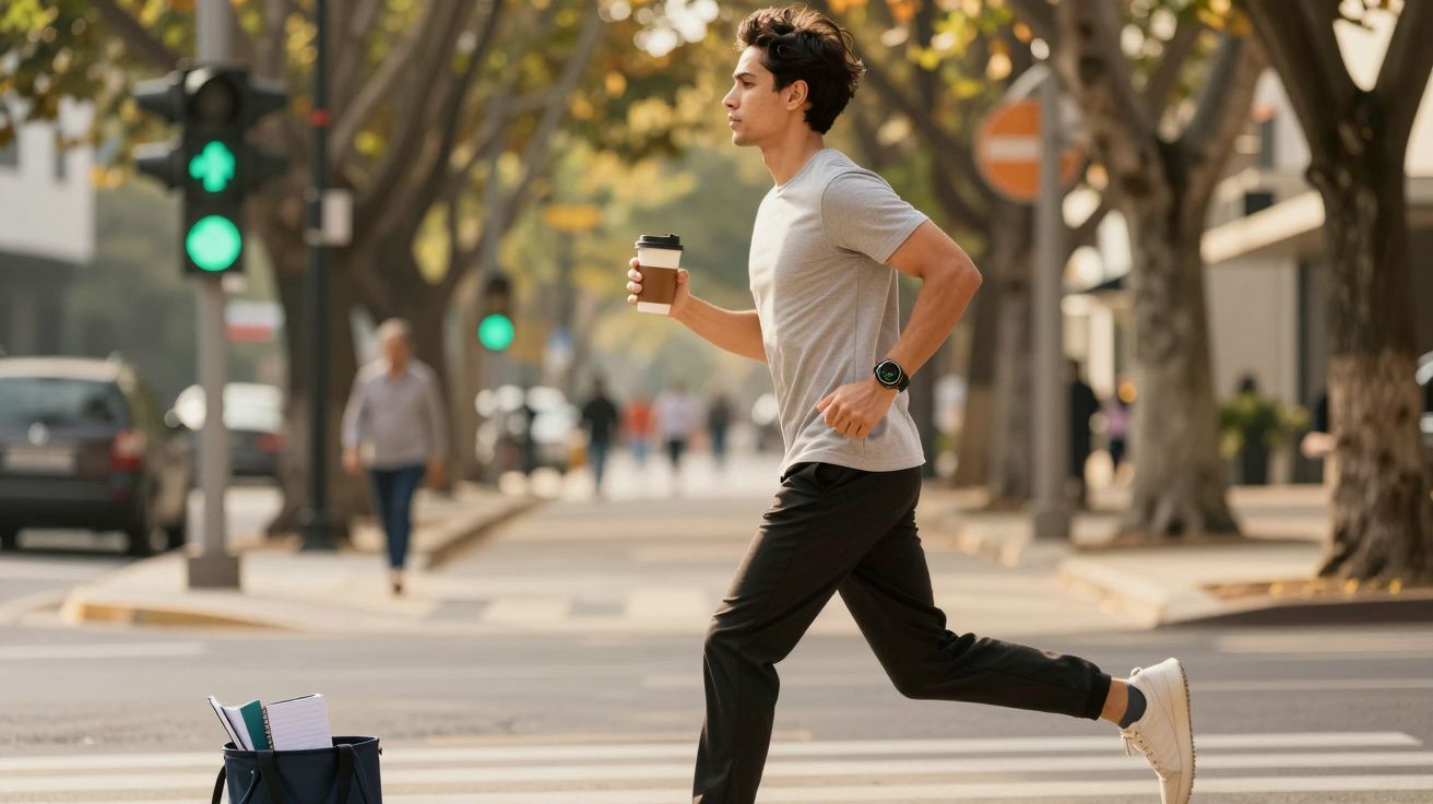 Hombre joven corriendo por un paso de peatones en una calle arbolada, sostiene un café para llevar.