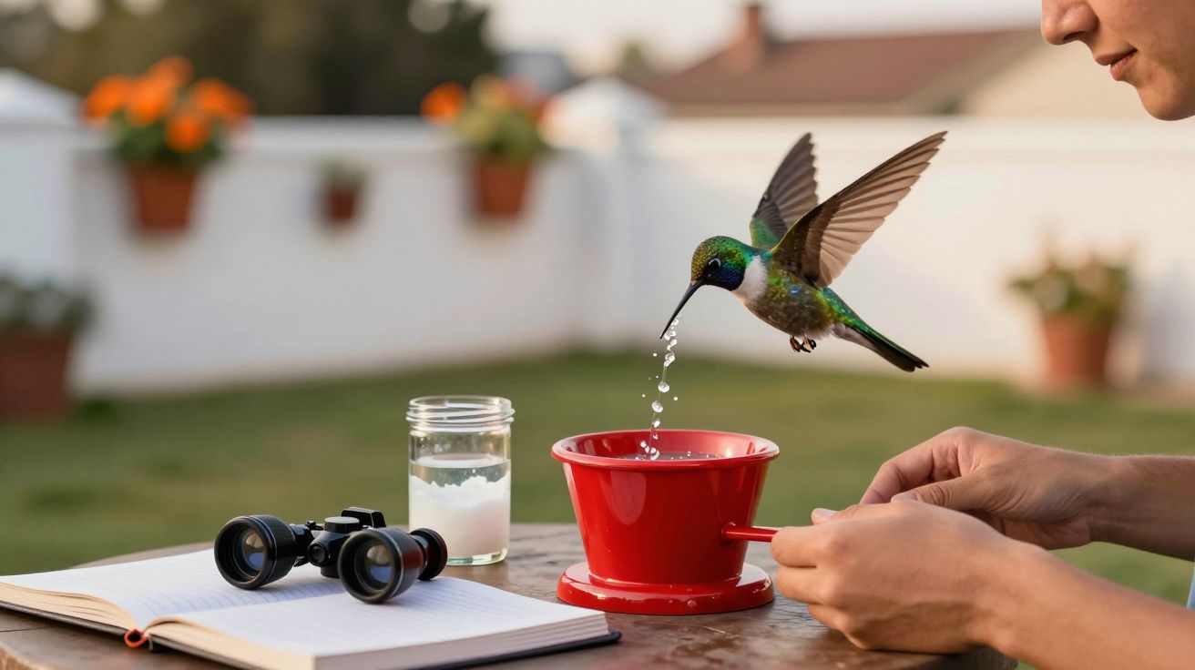 Colibrí bebiendo en taza roja, con prismáticos y libreta cerca, en un jardín con flores.