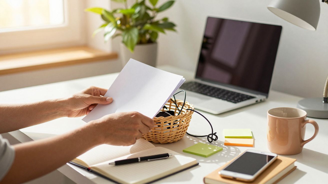 Persona sostiene hojas en un escritorio con portátil, taza, móvil, libreta y planta.
