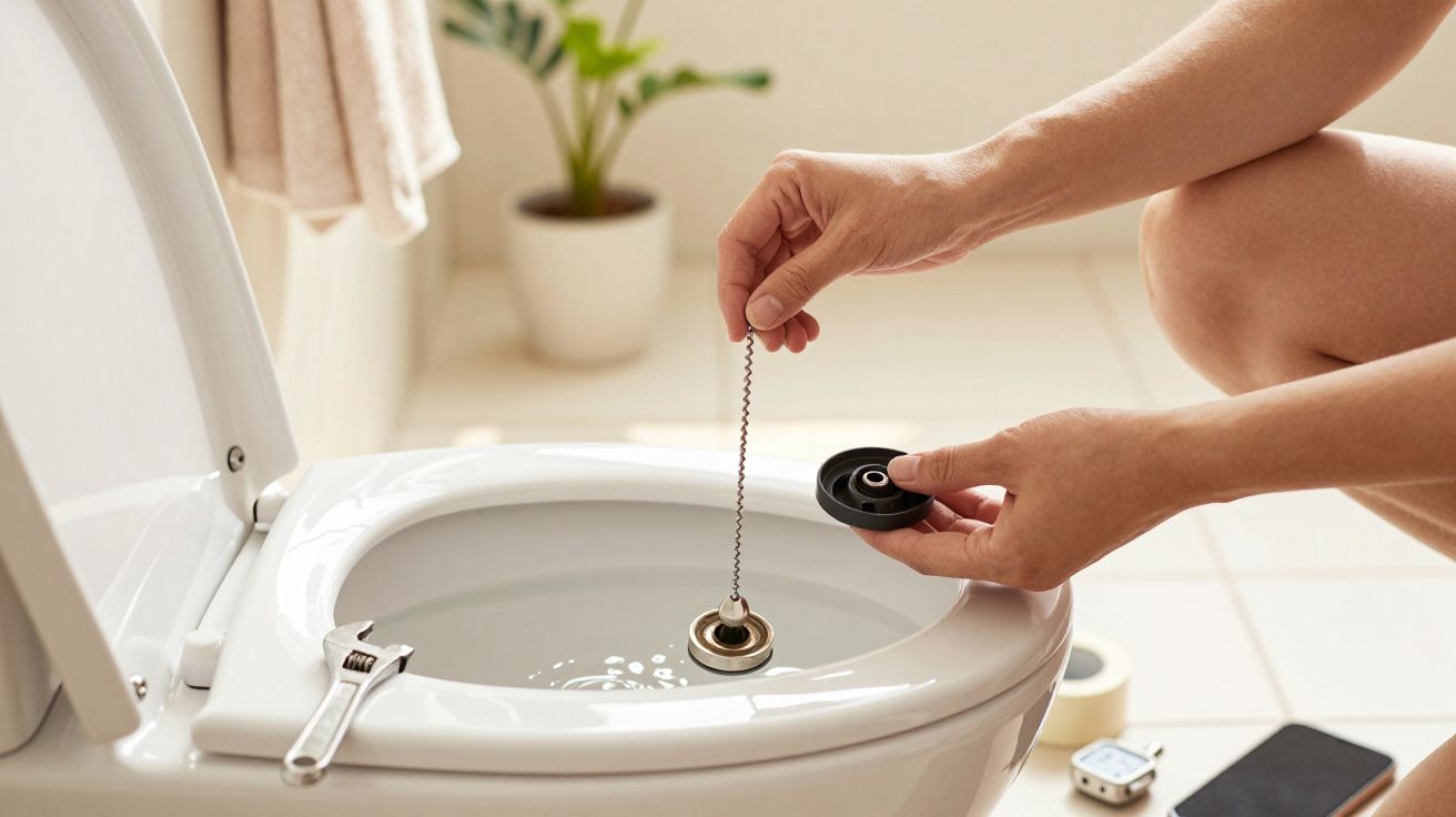 Persona reparando una cisterna de inodoro, sostiene una cadena con tapón. Herramienta y planta de fondo.