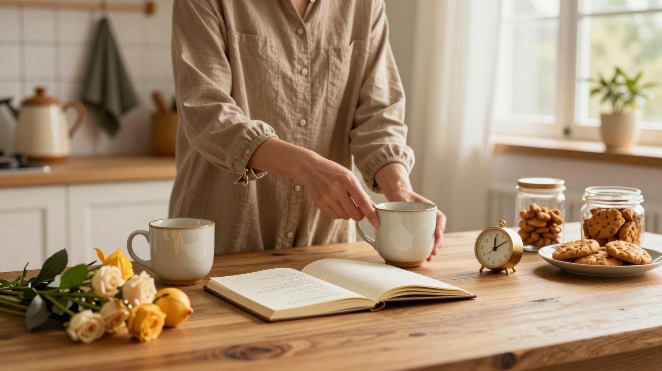Persona en cocina preparando café, con flores amarillas, libro abierto, galletas en tarros y reloj en mesa de madera.