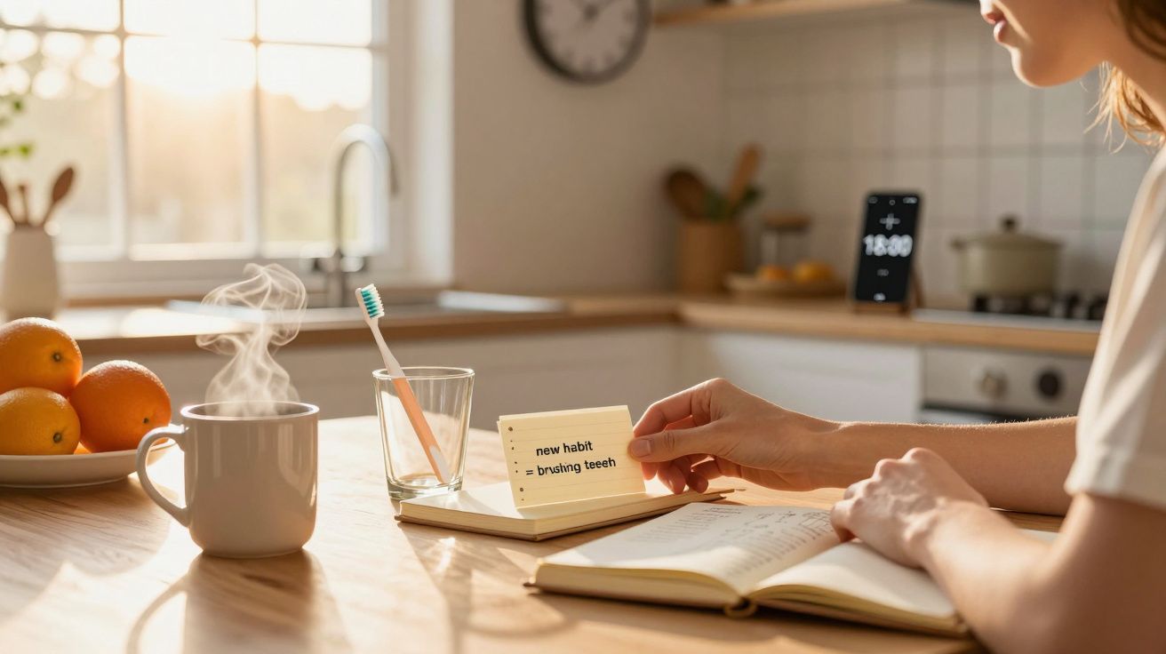 Persona revisa notas en una cocina iluminada por el sol, con una taza, un vaso con cepillo y naranjas en la mesa.