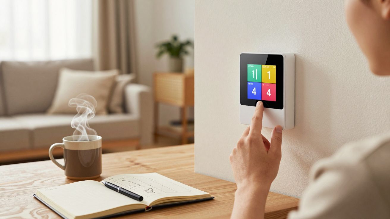 Persona ajustando un termostato inteligente en la pared, con un cuaderno y una taza humeante sobre la mesa en sala de estar.