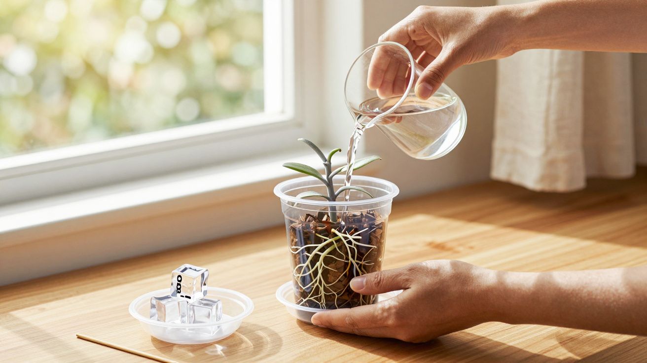 Manos regando una planta en una maceta de plástico transparente sobre una mesa junto a una ventana.