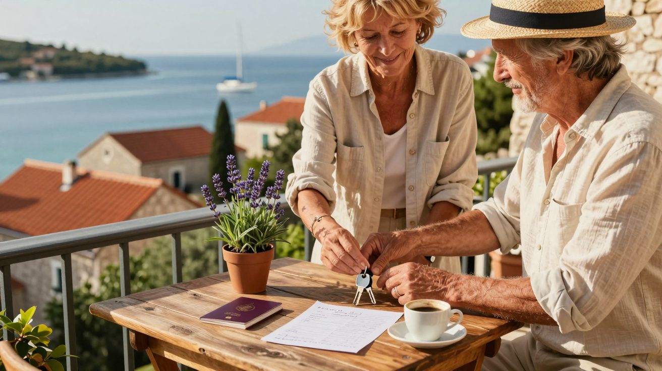Pareja mayor en terraza junto al mar, con una planta, pasaporte, llaves y café sobre la mesa.