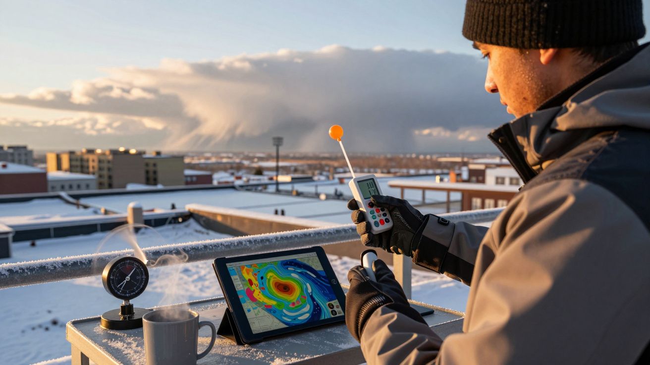 Hombre con equipo meteorológico en azotea nevada, consultando tablet y dispositivo de medición ante cielo nublado.