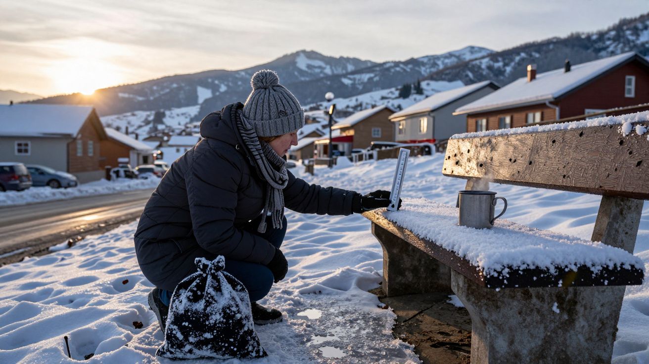 Persona vestida de abrigo y gorro, en paisaje nevado, observa banco cubierto de nieve con una taza metálica.