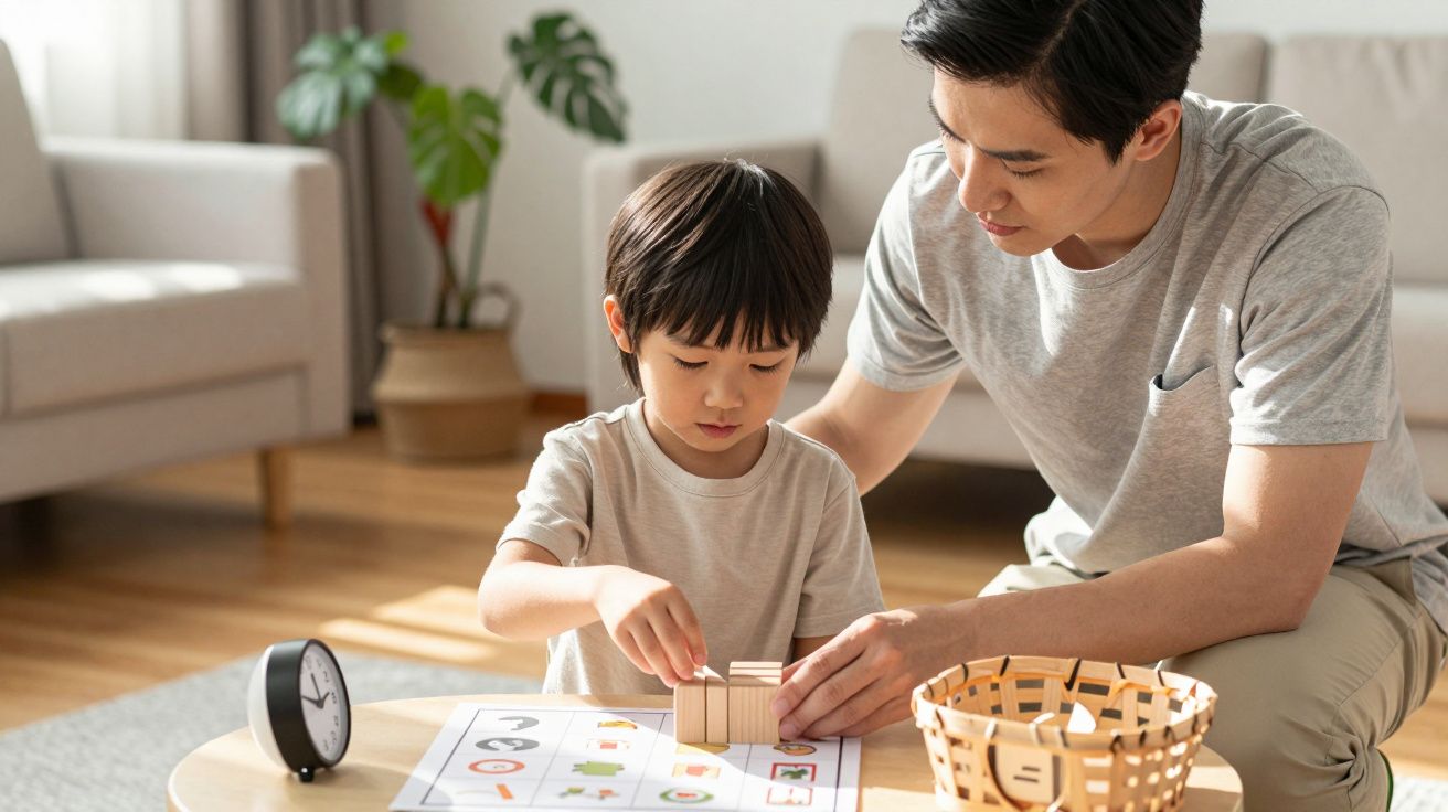 Padre e hijo juegan con bloques de madera en una mesa, en una sala de estar iluminada por el sol.