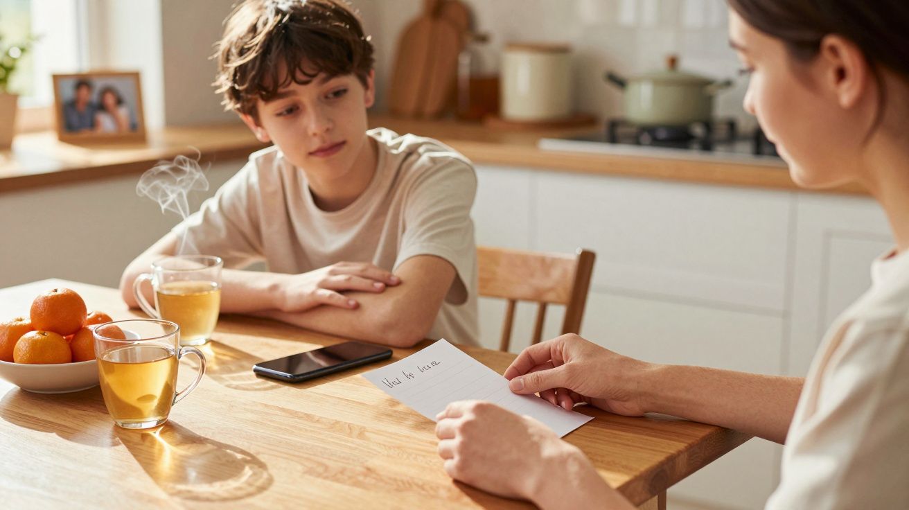 Niño y mujer sentados en la cocina, hay té, mandarinas y un móvil en la mesa. Ella sostiene una carta.